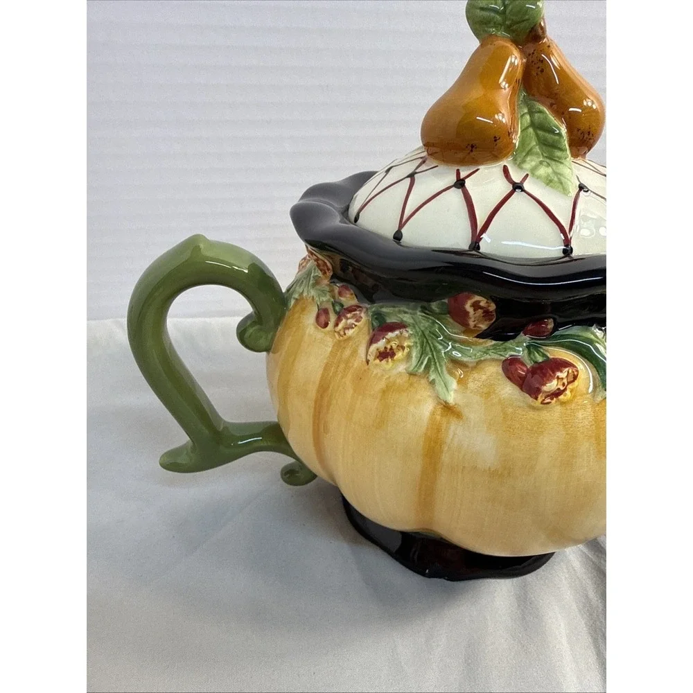 MWW Market Annie Danielson Pumpkin Teapot Fruit Pear Lid Fall Harvest Ceramic